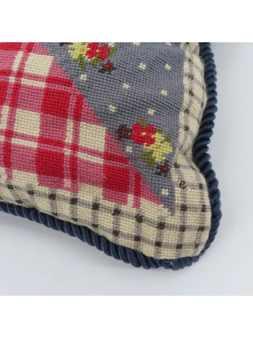 Needlepoint Country Apple Floral Red Blue Beige Check Plaid Velvet Throw Pillow
